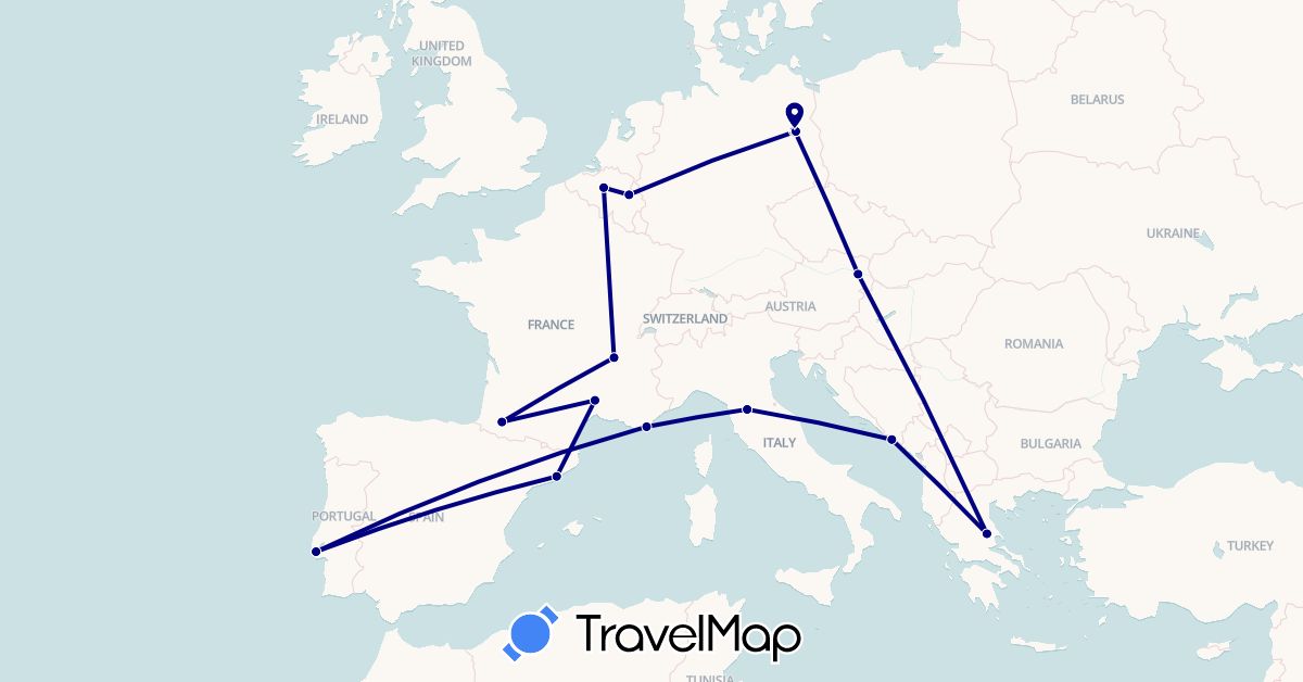 TravelMap itinerary: driving in Austria, Belgium, Germany, Spain, France, Greece, Croatia, Italy, Portugal (Europe)